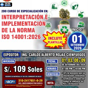 2DO CURSO DE ESPECIALIZACIÓN EN: INTERPRETACIÓN E IMPLEMENTACIÓN Y DE LA NORMA ISO 14001:2026 - Imagen 1