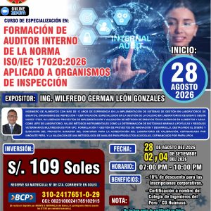 FORMACIÓN DE AUDITOR INTERNO DE LA NORMA ISO/IEC 17020:2026 APLICADO A ORGANISMOS DE INSPECCIÓN