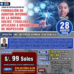FORMACIÓN DE AUDITOR INTERNO DE LA NORMA ISO/IEC 17020:2026 APLICADO A ORGANISMOS DE INSPECCIÓN